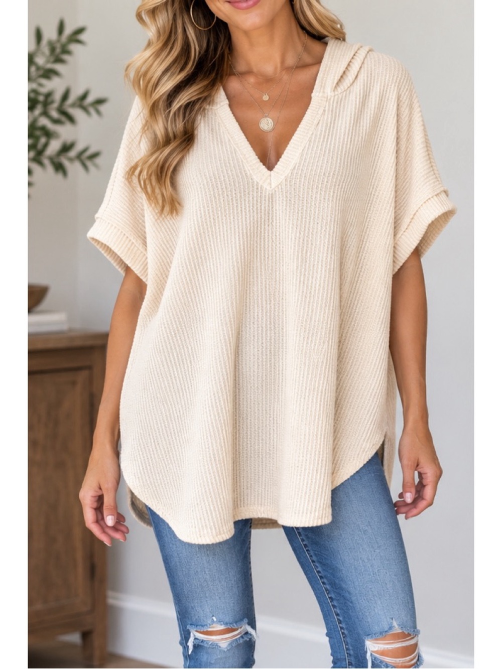 Heimish cream ribbed hooded short sleeve tunic top